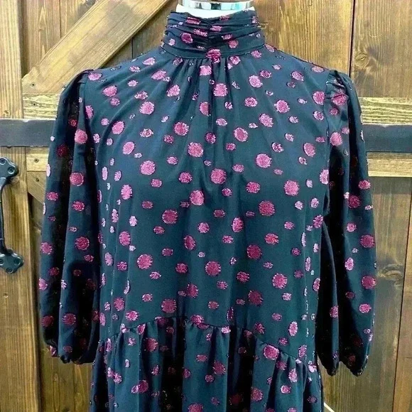 NWT ZARA Pink Polka Dot Voluminous Black Midi Dress Women’s M - Picture 4 of 13